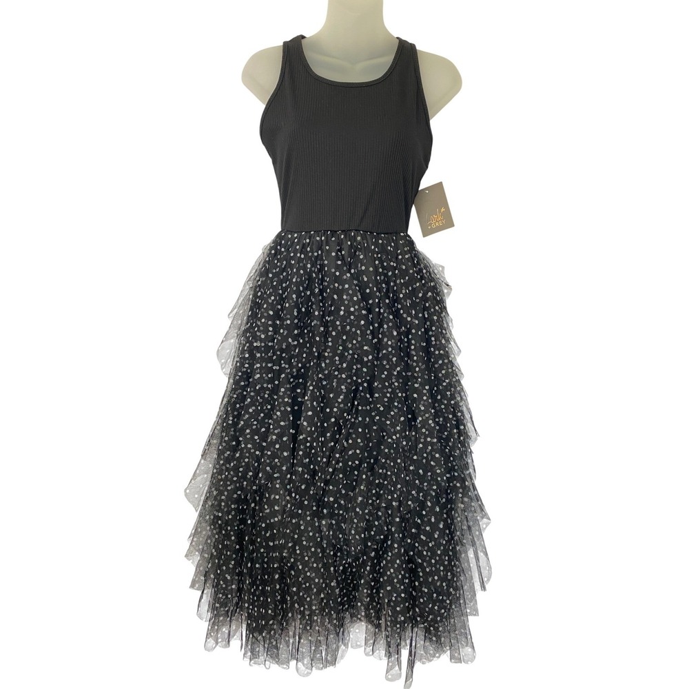 Lark + Grey Whimsigoth Polka Dot Tulle Tiered Midi Dress Size S Black Sleeveless